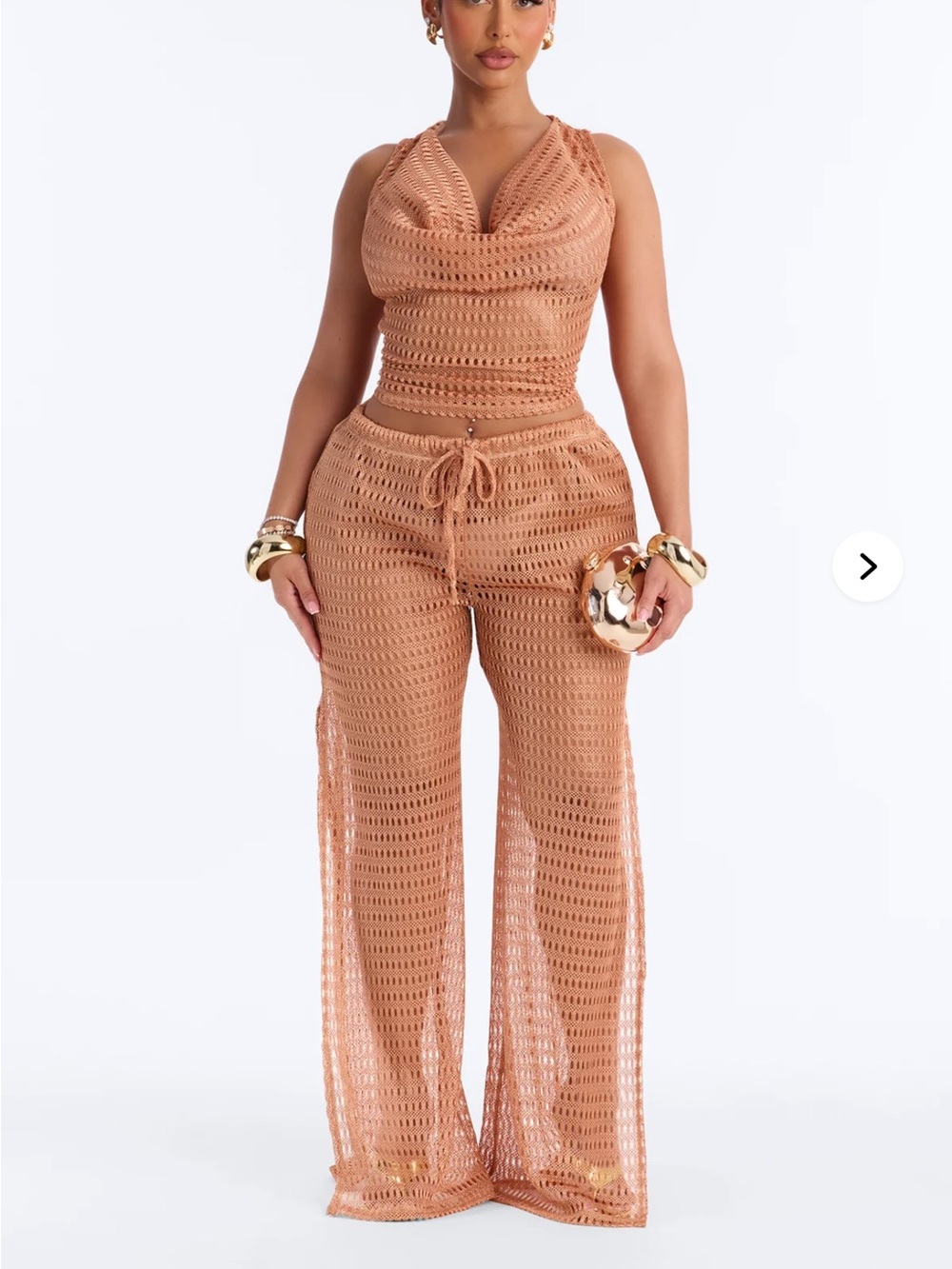 Fashion Nova Crochet Wide-Leg Jumpsuit in Tan
